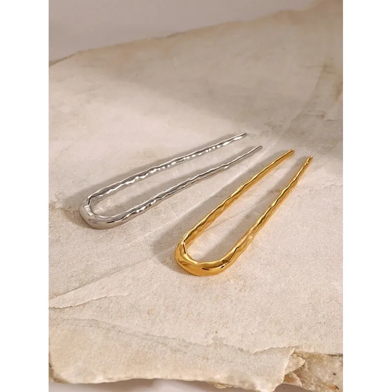 18K Gold Stainless Steel Glossy Hammered Hairpin Hair Accessories