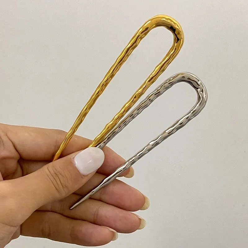 18K Gold Stainless Steel Glossy Hammered Hairpin Hair Accessories