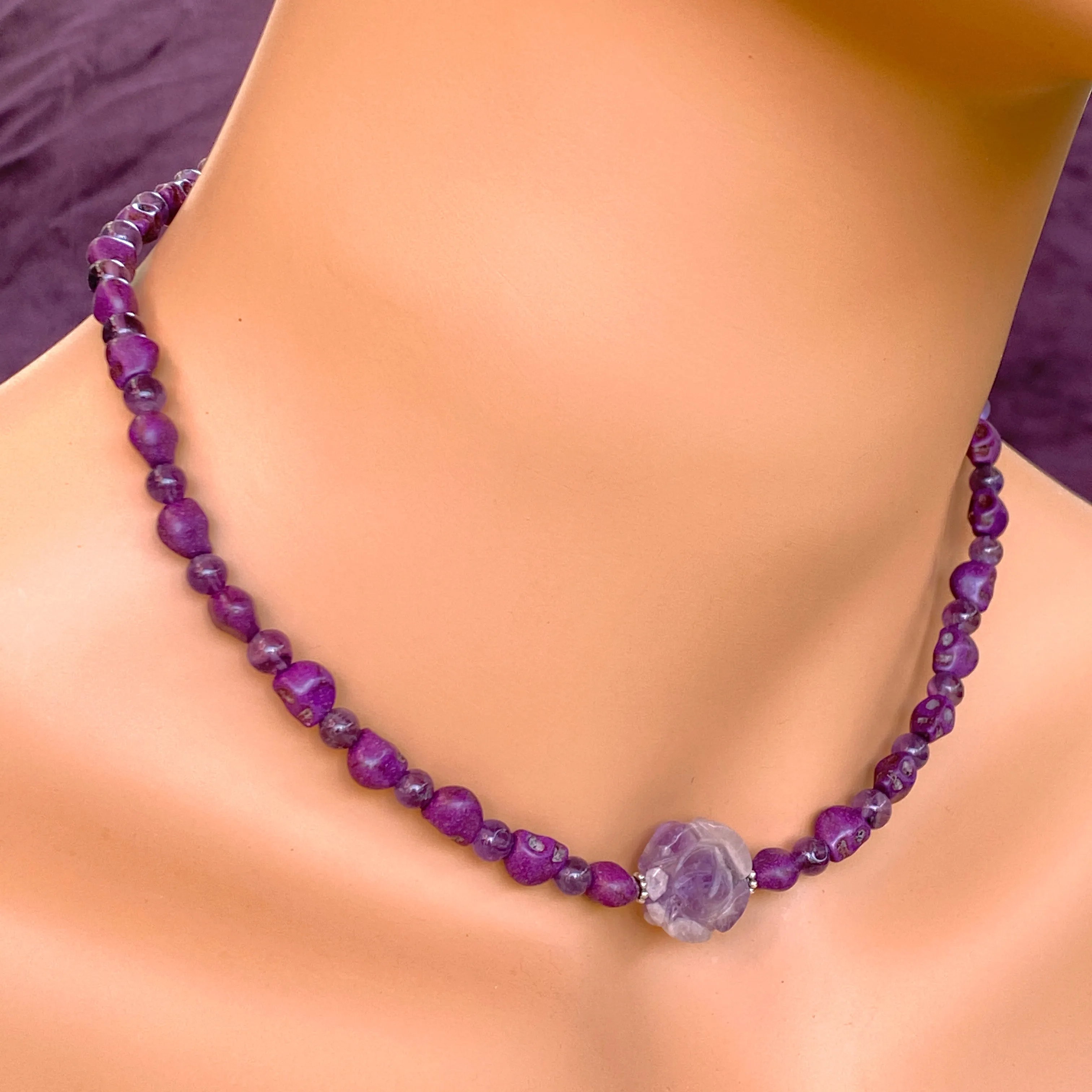Amethyst gemstone and Howlite Skull Necklace