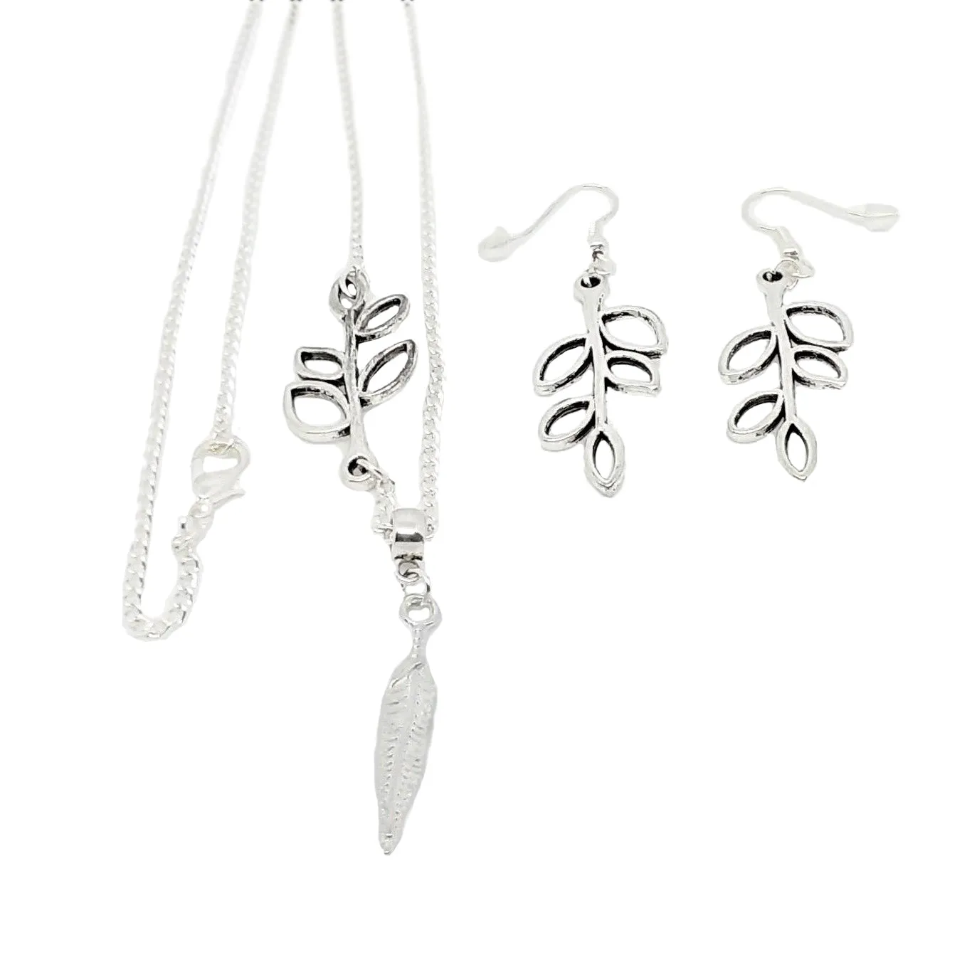 AVBeads Boho Jewelry Feather Olive Branch Charm Pendant Silver Plated Chain Bracelet Necklace Earrings Set