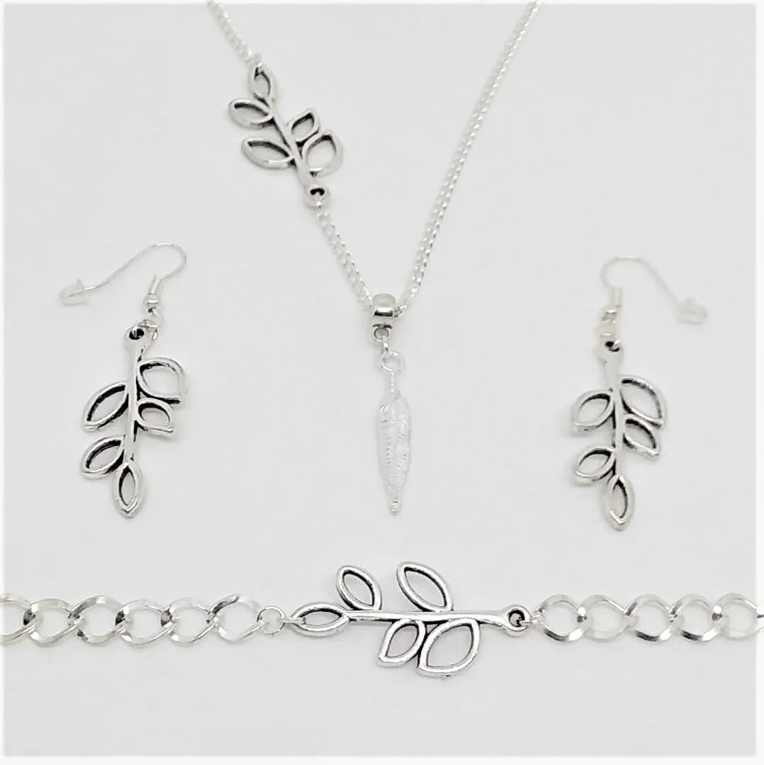 AVBeads Boho Jewelry Feather Olive Branch Charm Pendant Silver Plated Chain Bracelet Necklace Earrings Set