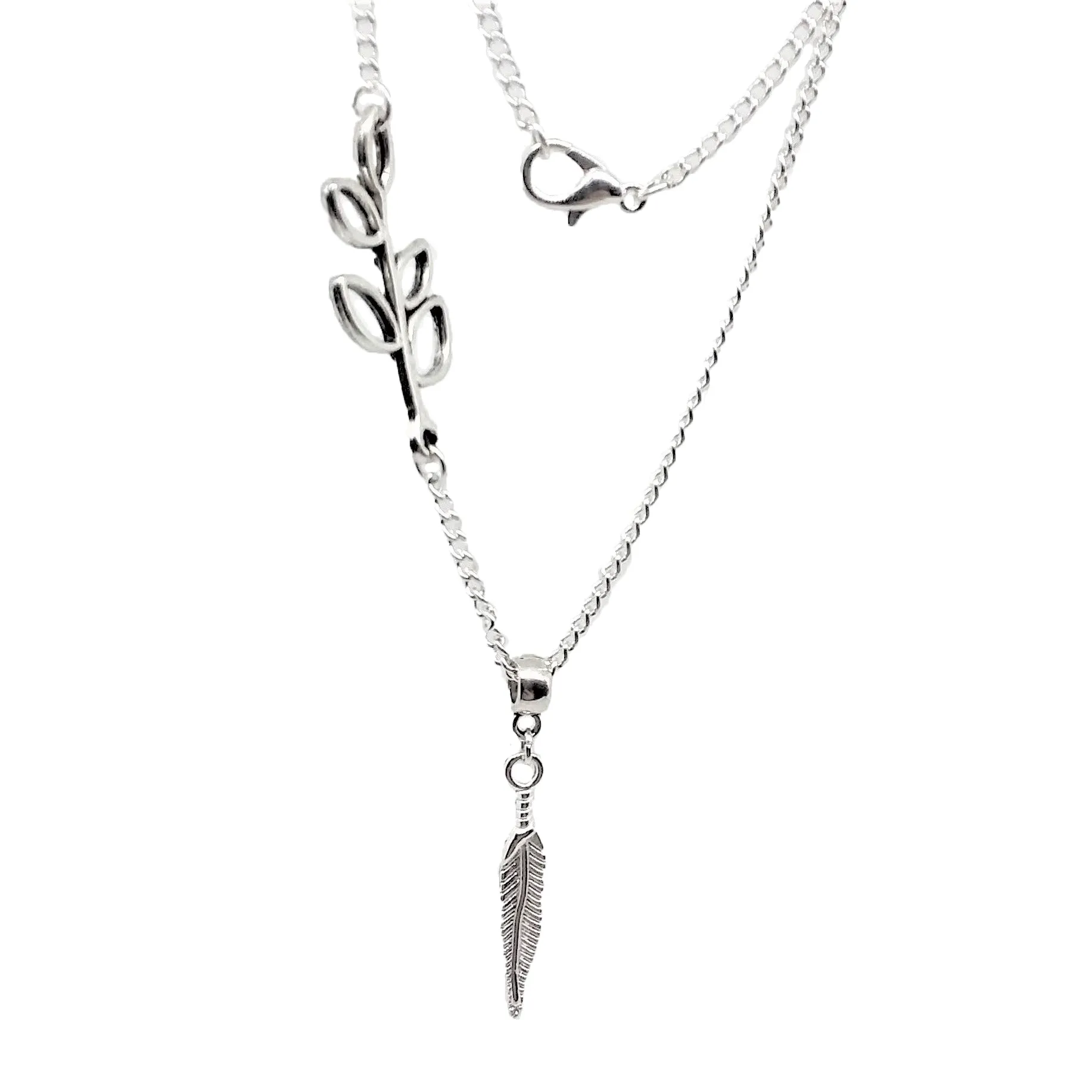 AVBeads Boho Jewelry Feather Olive Branch Charm Pendant Silver Plated Chain Bracelet Necklace Earrings Set