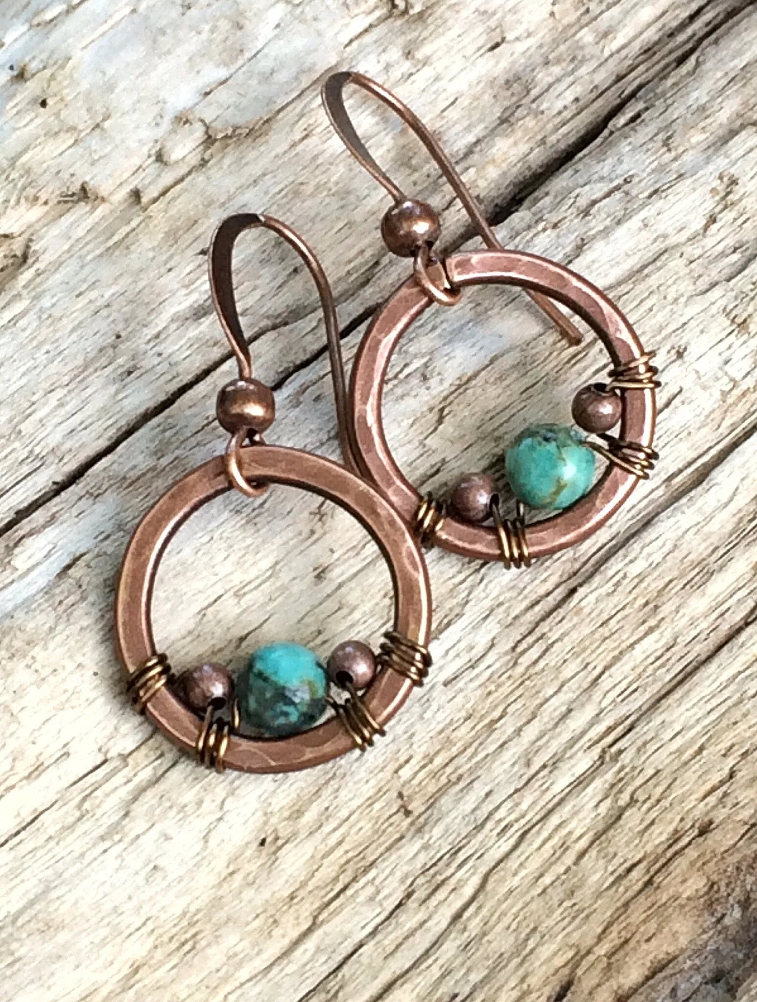Copper & Turquoise Earrings, Small Turquoise Earrings, Copper Hoop Earrings, Hammered Copper Jewelry