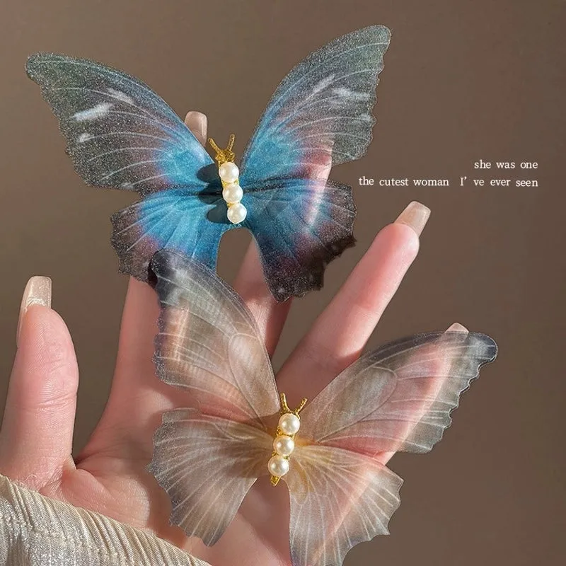 Fairy Spirit Tulle Butterfly Hairpin Female Photo Props Portrait Pearl Edge Clip Hairpin Headwear Antique Elegant Hair