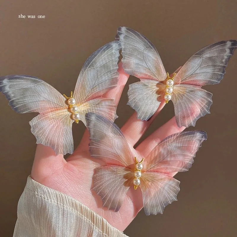 Fairy Spirit Tulle Butterfly Hairpin Female Photo Props Portrait Pearl Edge Clip Hairpin Headwear Antique Elegant Hair