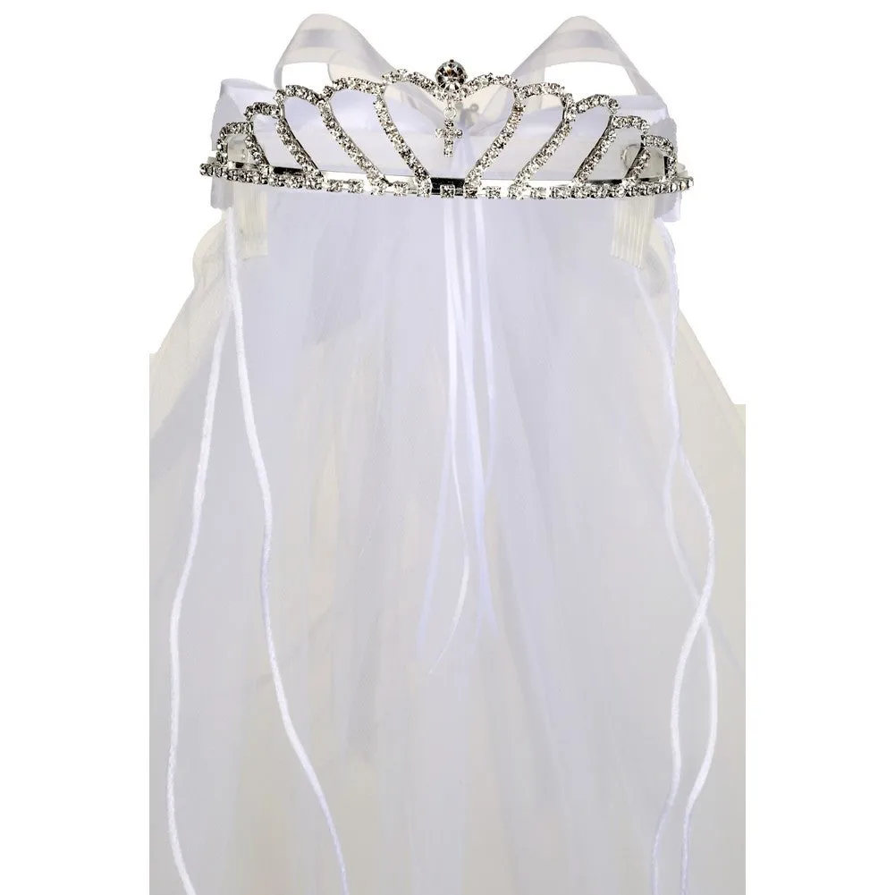 Girls White Satin Bow Communion Flower Girl Rhinestone Tiara Veil