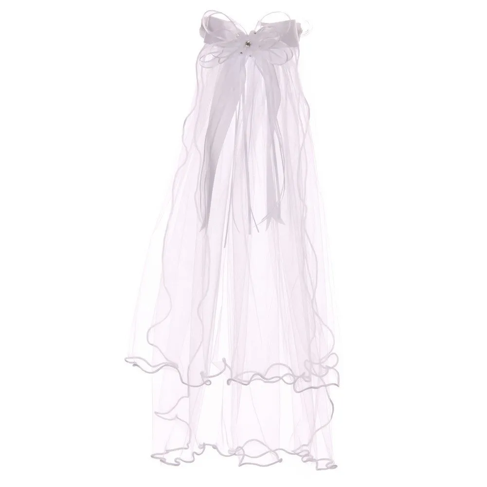 Girls White Satin Bow Communion Flower Girl Rhinestone Tiara Veil