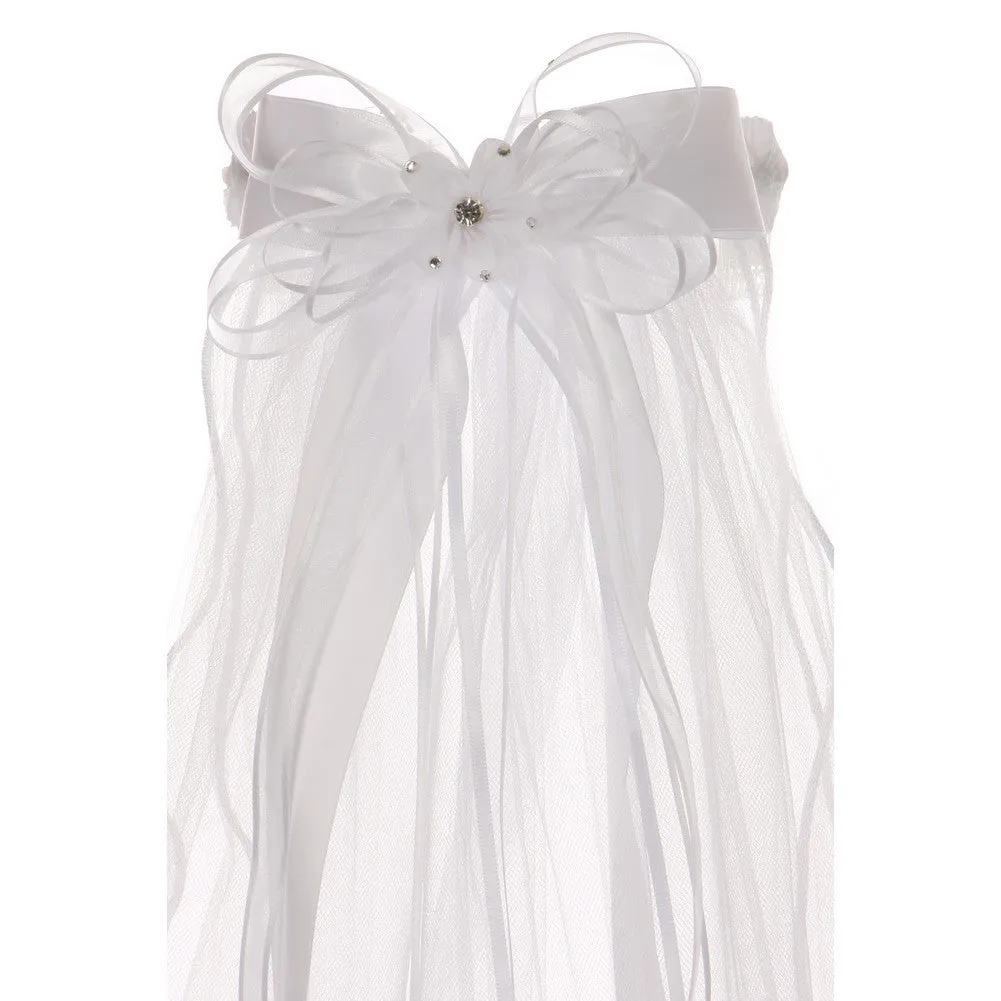 Girls White Satin Bow Communion Flower Girl Rhinestone Tiara Veil