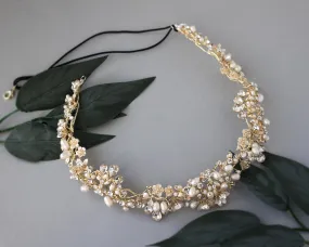 Gold Matte Flowers and Pearls Bridal Headpiece