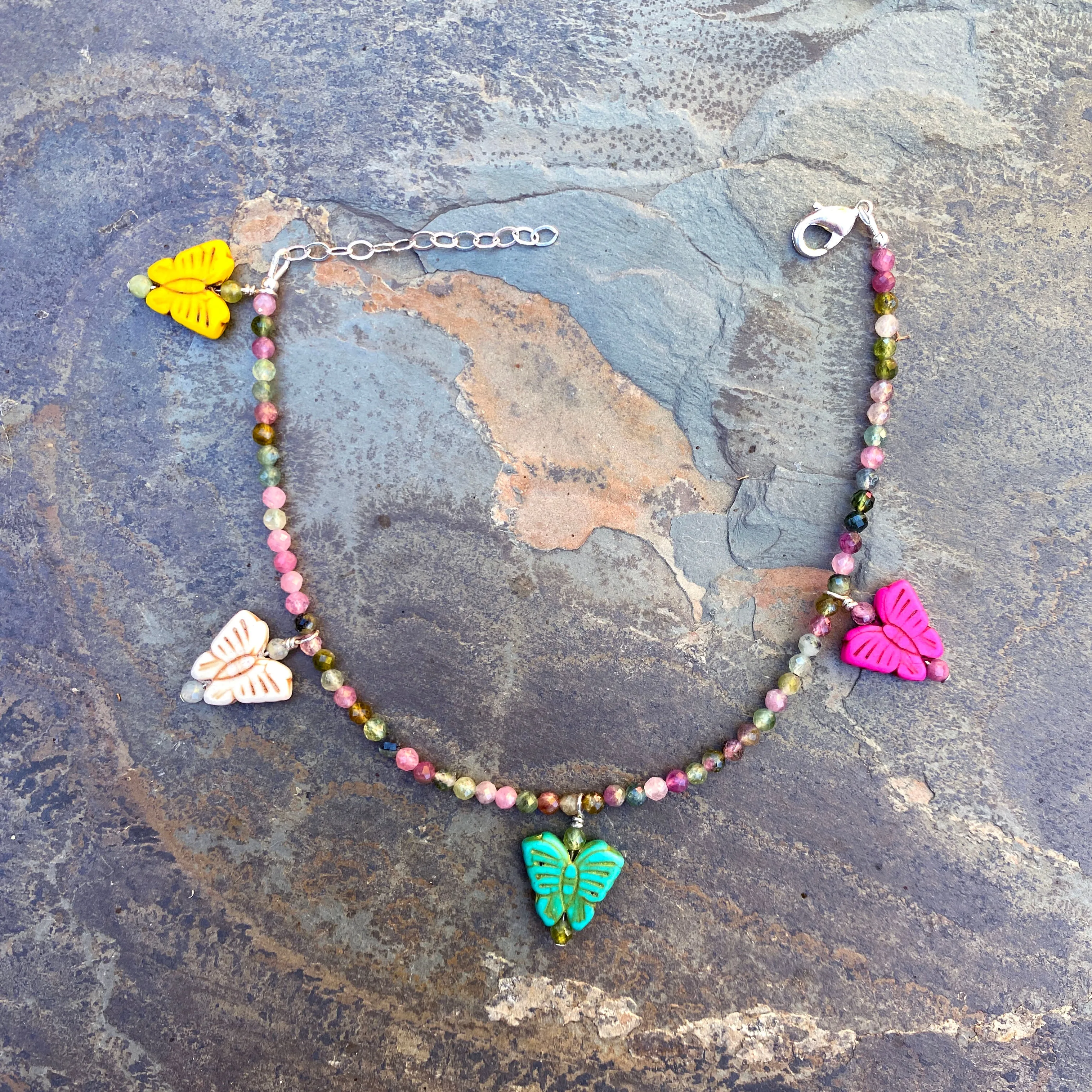Howlite butterfly and mixed tourmaline gemstone Sterling Silver anklet