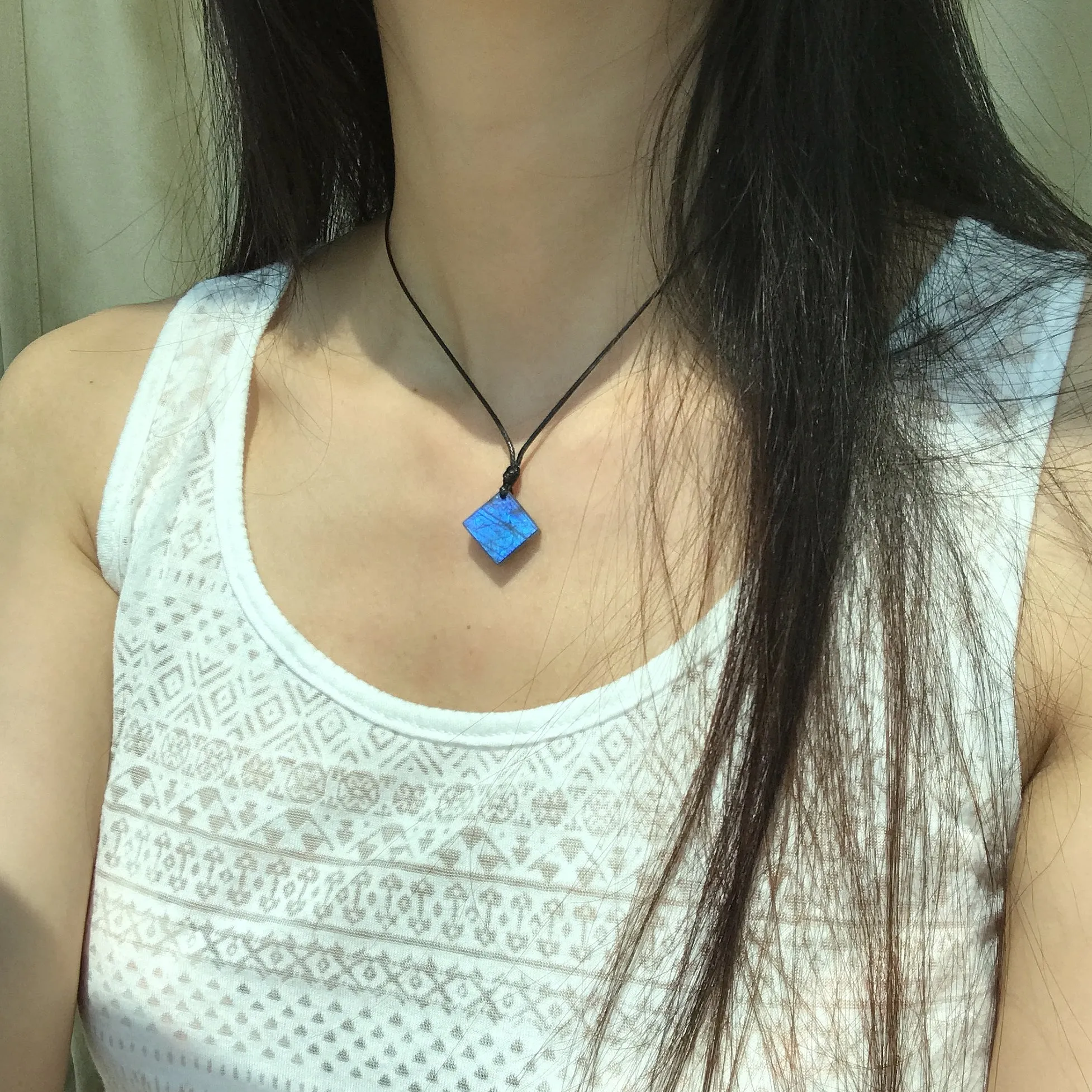 Labradorite Diamond Shape Pendant Necklace | Strong Blue Flash | Handmade Men Women Jewelry Adjustable Rope