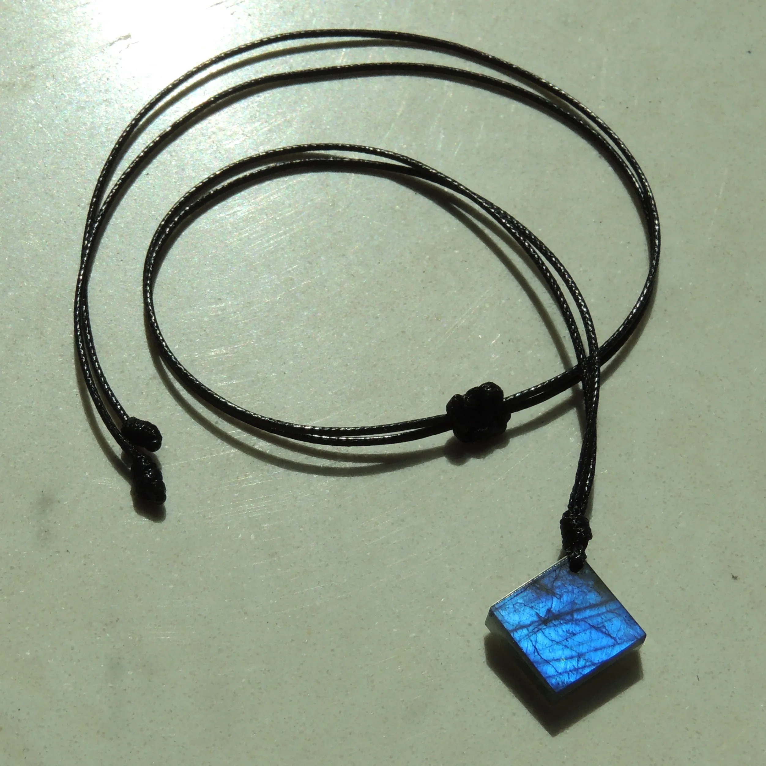 Labradorite Diamond Shape Pendant Necklace | Strong Blue Flash | Handmade Men Women Jewelry Adjustable Rope