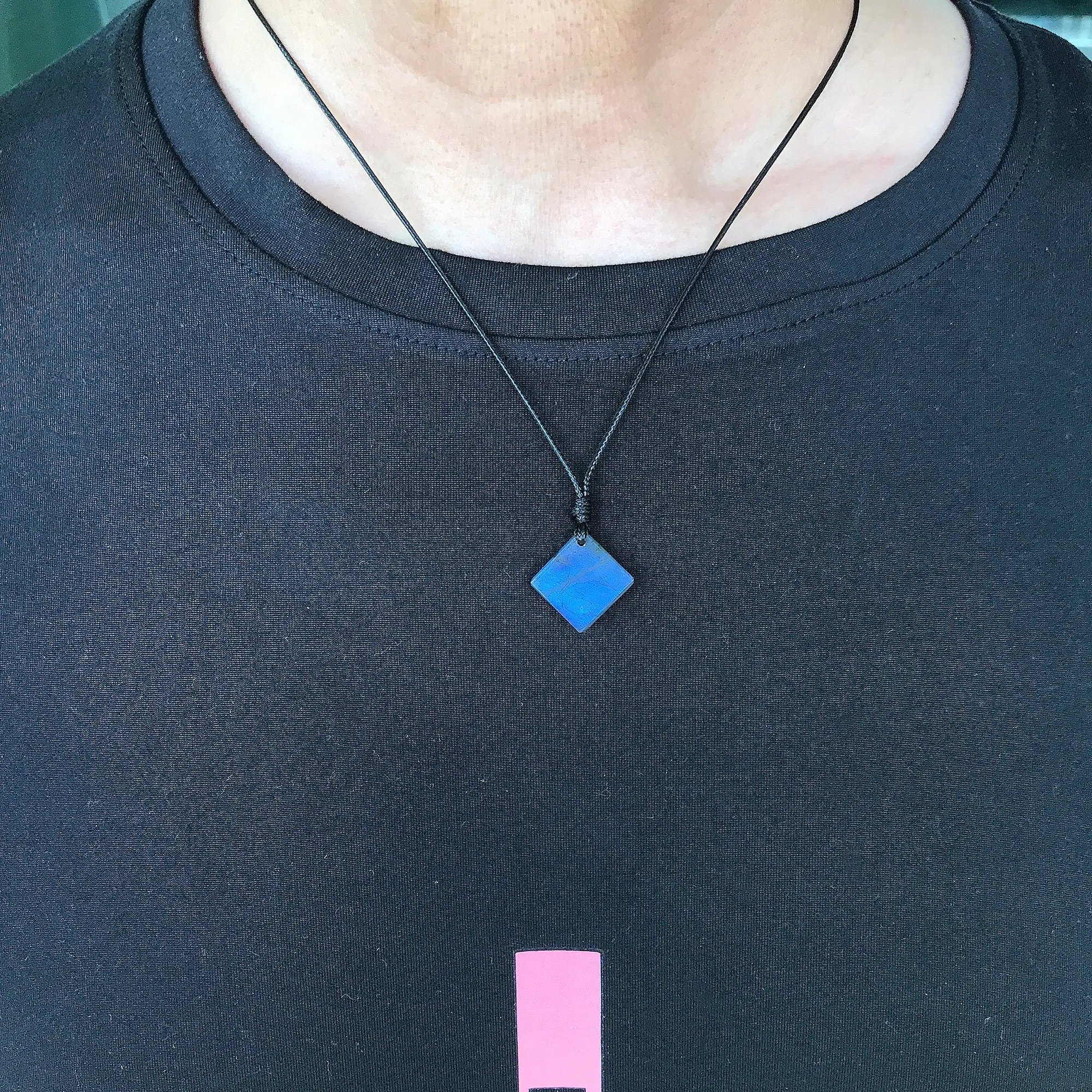 Labradorite Diamond Shape Pendant Necklace | Strong Blue Flash | Handmade Men Women Jewelry Adjustable Rope