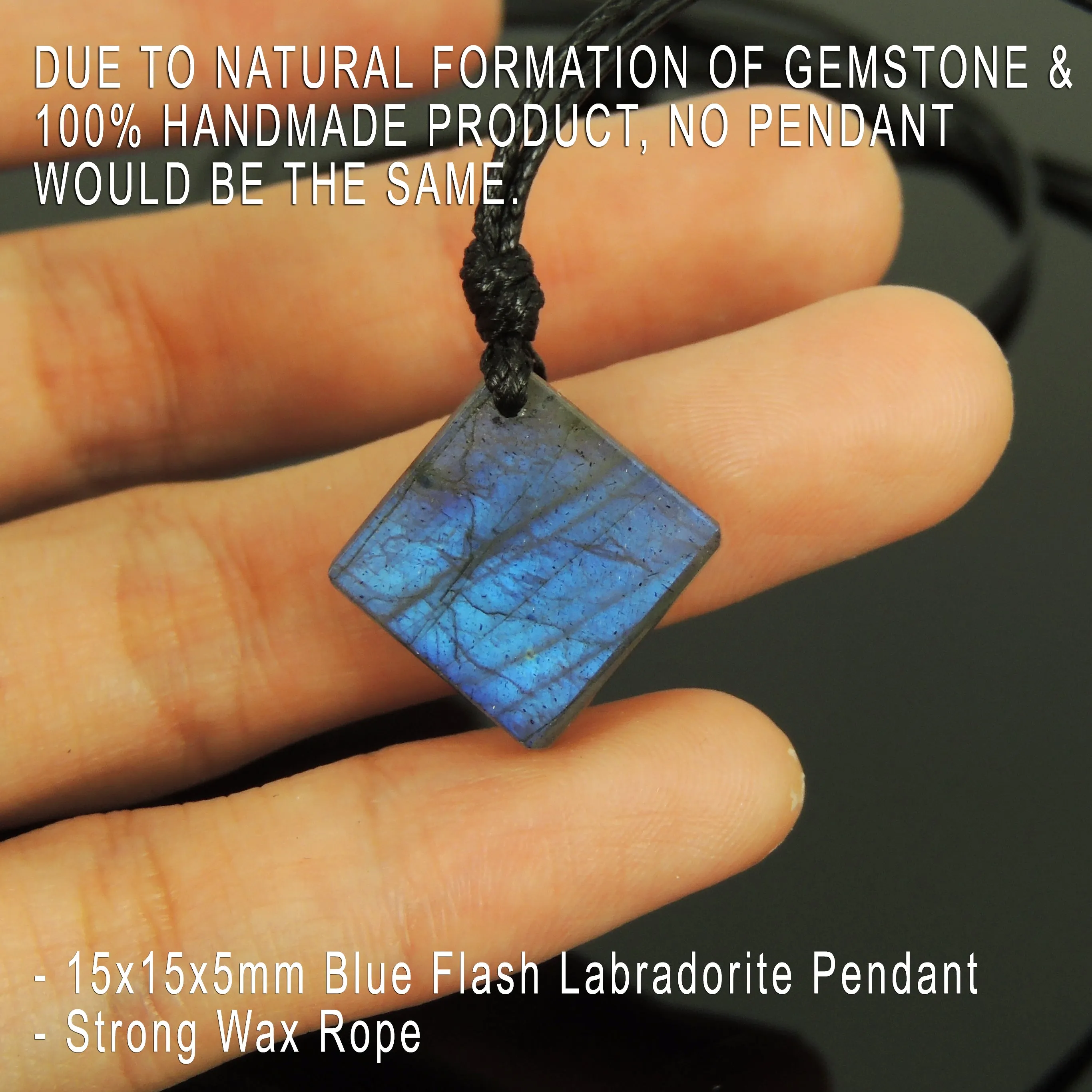 Labradorite Diamond Shape Pendant Necklace | Strong Blue Flash | Handmade Men Women Jewelry Adjustable Rope