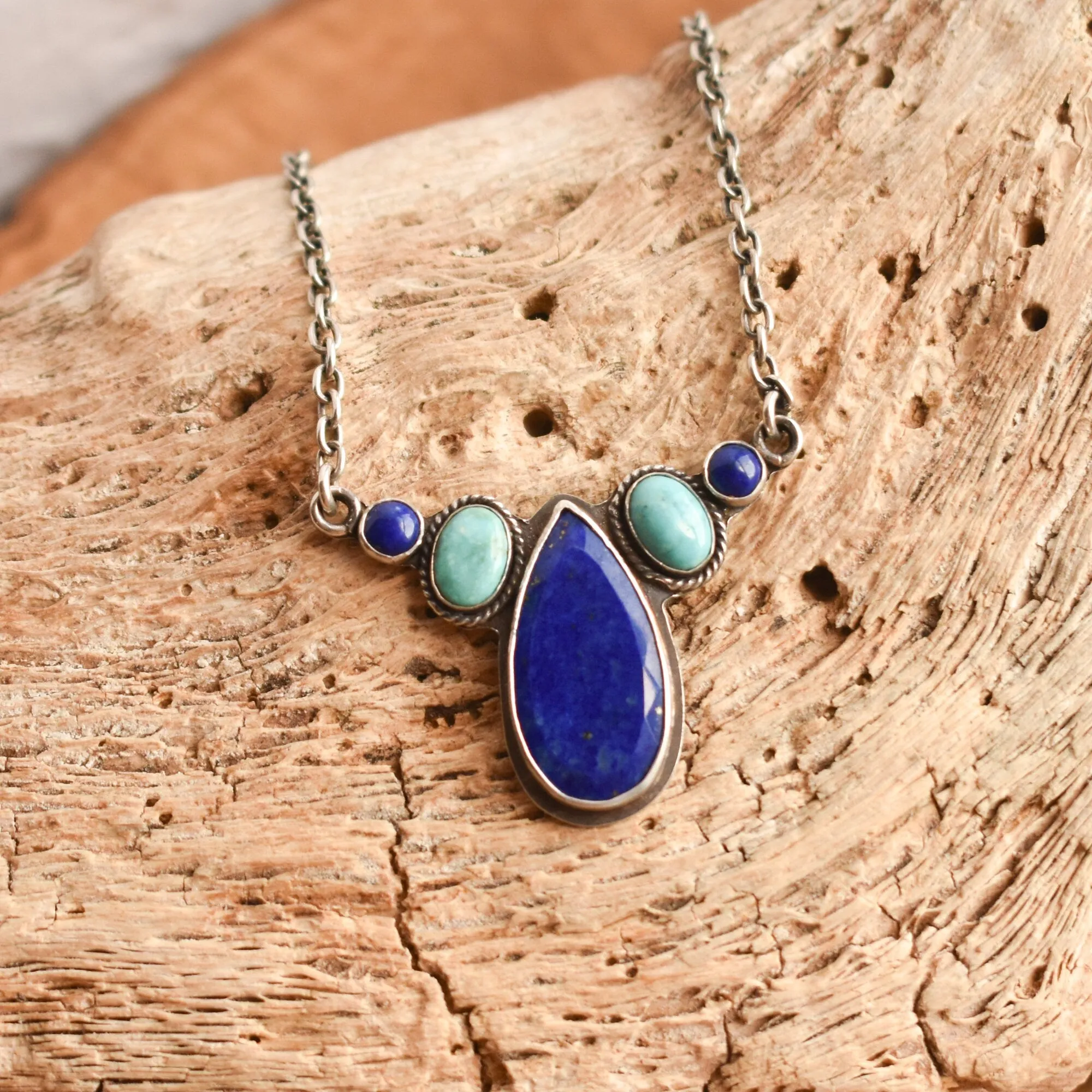 Lapis Lazuli and Turquoise Pendant - Kindness Necklace - Multi-stone Necklace - AAA Lapis Lazuli - Silversmith Pendant