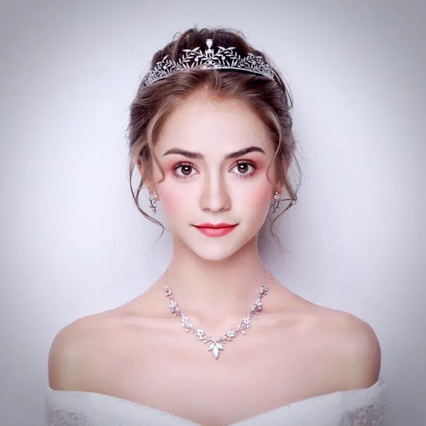"Julia" - Silver Cubic Zirconia Bridal 3-Piece Jewelry Set With Tiara