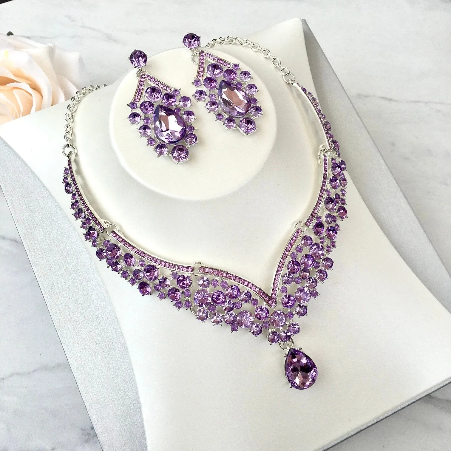"Kori" - Purple Crystal 3-Piece Bridal Jewelry Set With Tiara - Available in Silver and Gold