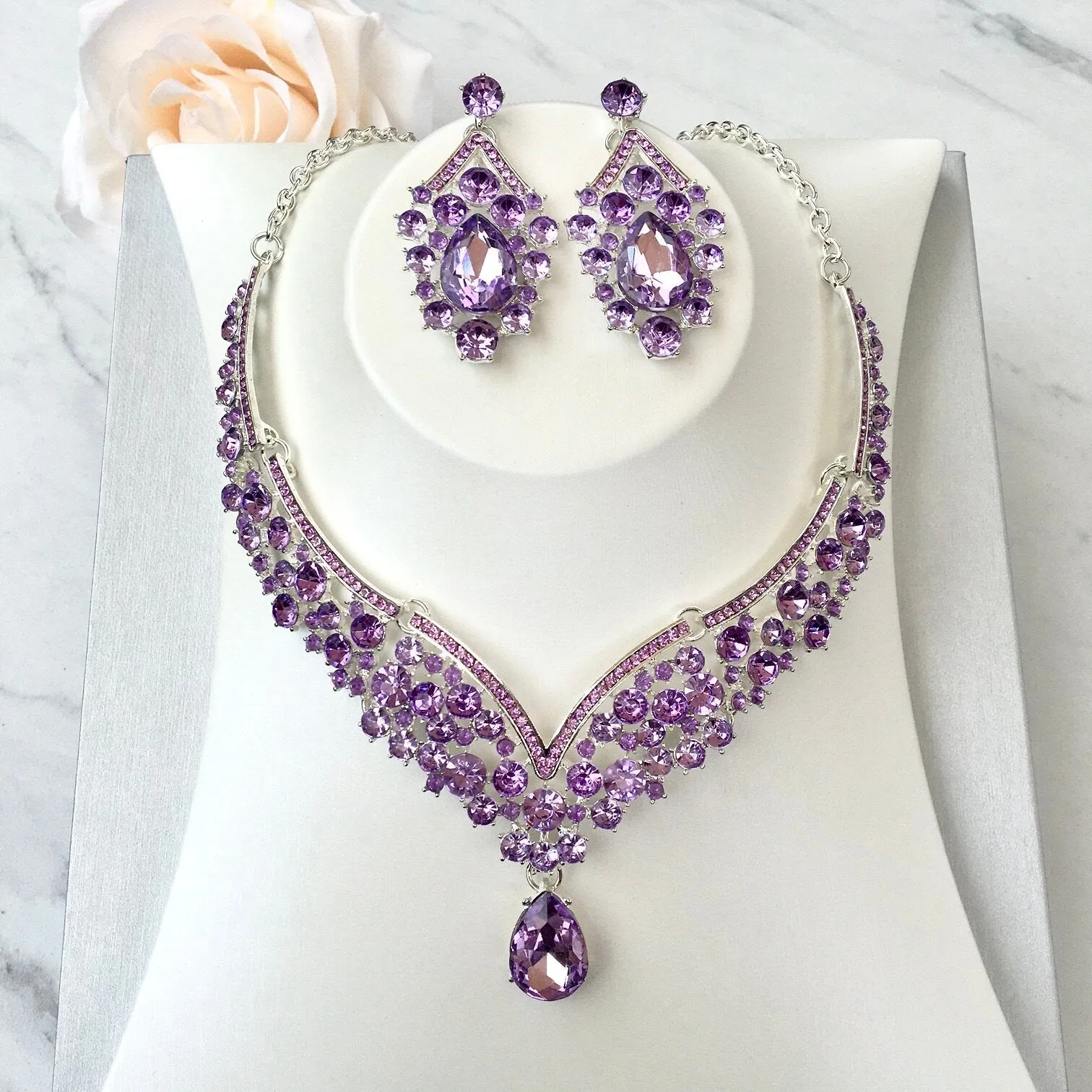 "Kori" - Purple Crystal 3-Piece Bridal Jewelry Set With Tiara - Available in Silver and Gold