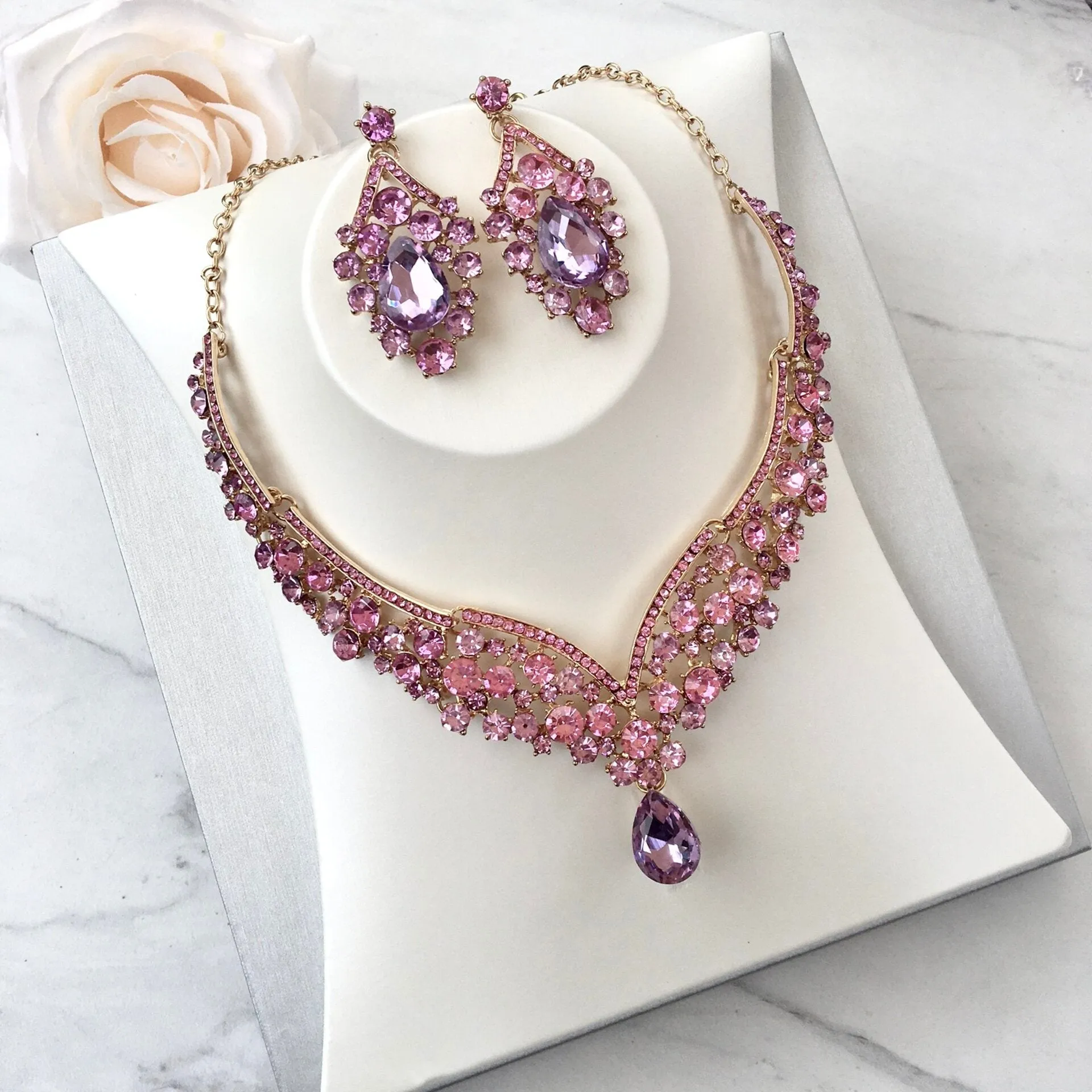 "Kori" - Purple Crystal 3-Piece Bridal Jewelry Set With Tiara - Available in Silver and Gold
