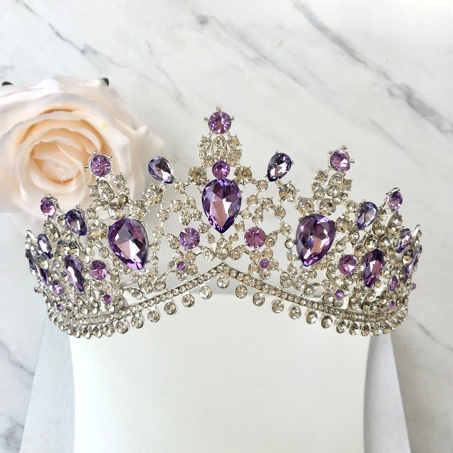 "Kori" - Purple Crystal 3-Piece Bridal Jewelry Set With Tiara - Available in Silver and Gold