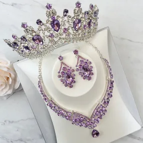"Kori" - Purple Crystal 3-Piece Bridal Jewelry Set With Tiara - Available in Silver and Gold