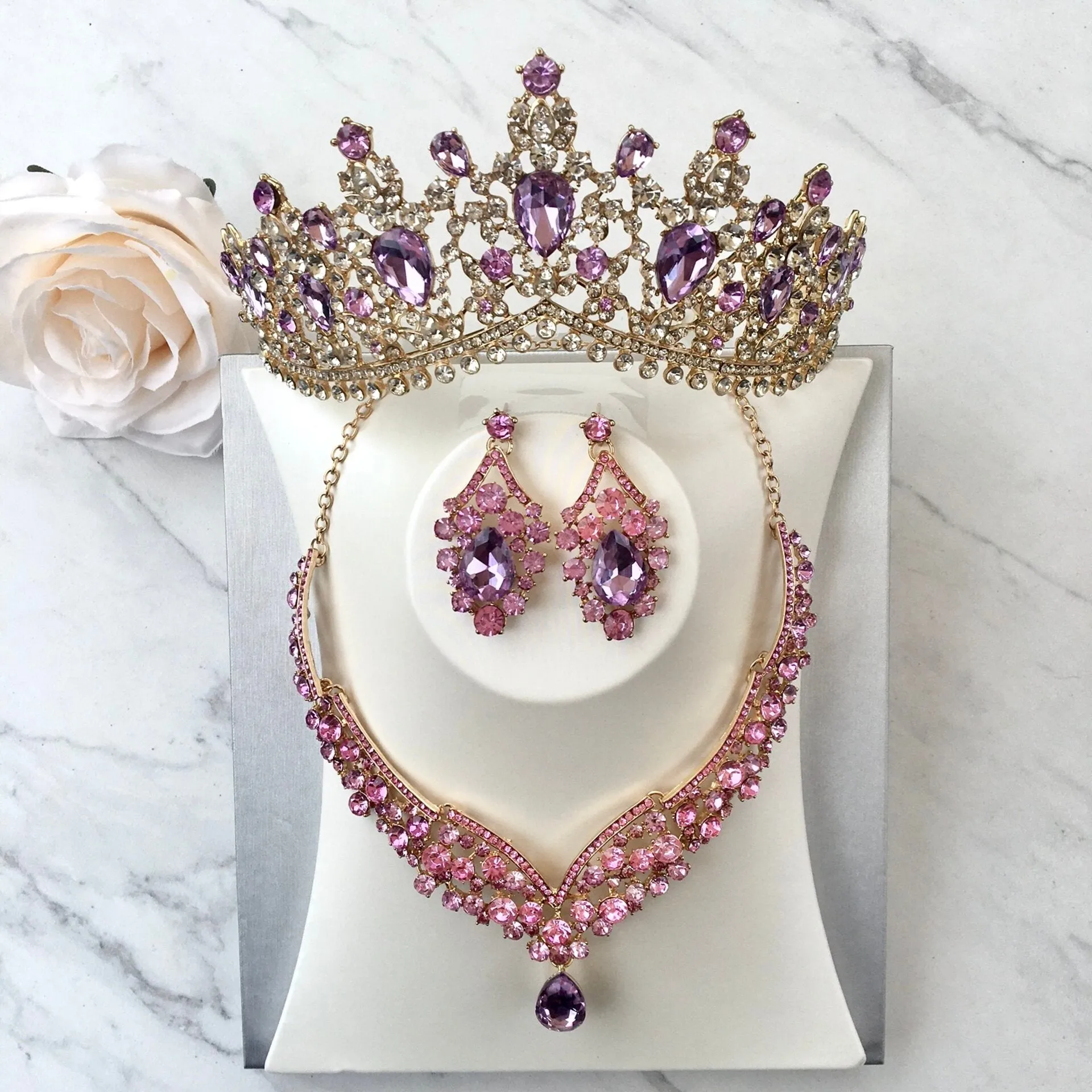 "Kori" - Purple Crystal 3-Piece Bridal Jewelry Set With Tiara - Available in Silver and Gold