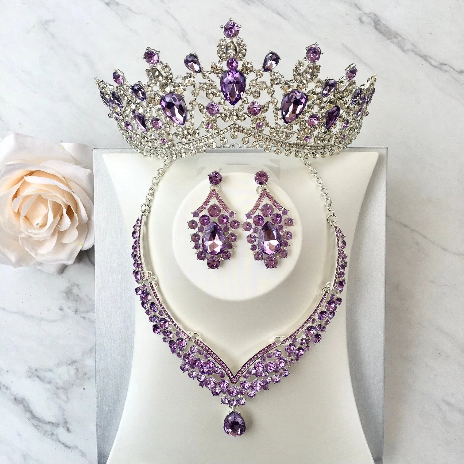 "Kori" - Purple Crystal 3-Piece Bridal Jewelry Set With Tiara - Available in Silver and Gold