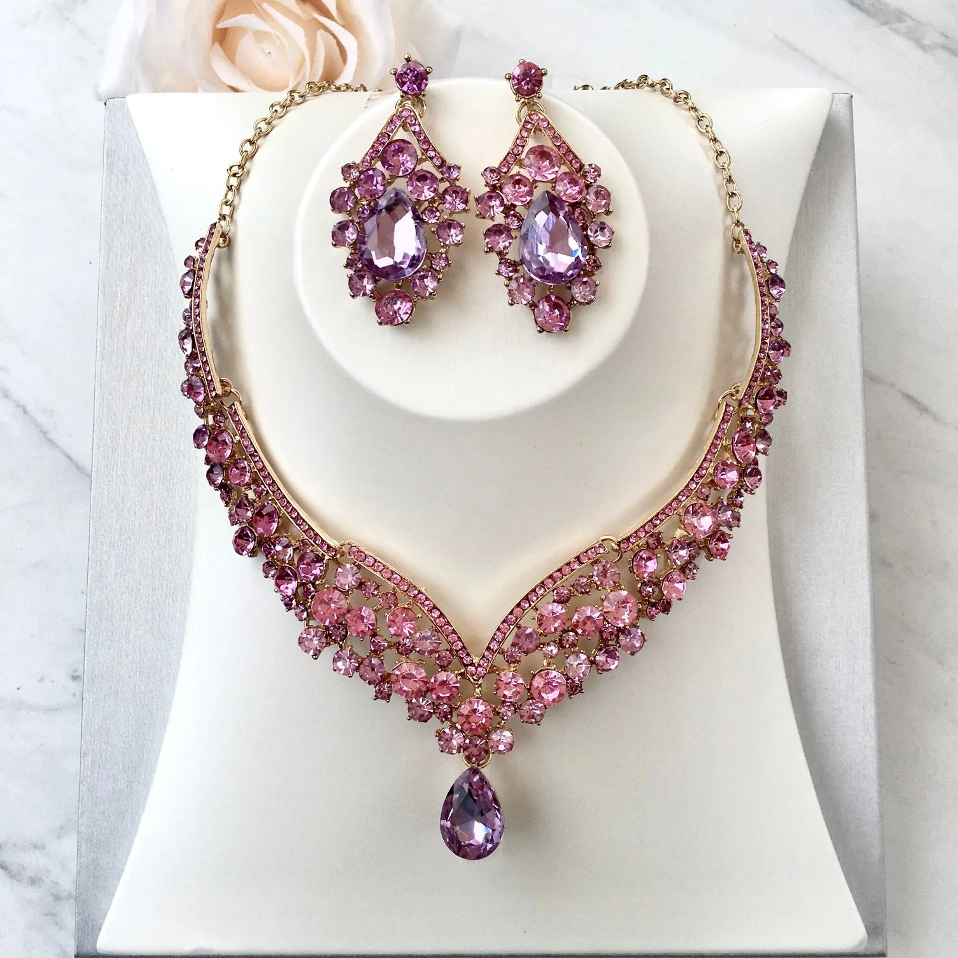 "Kori" - Purple Crystal 3-Piece Bridal Jewelry Set With Tiara - Available in Silver and Gold