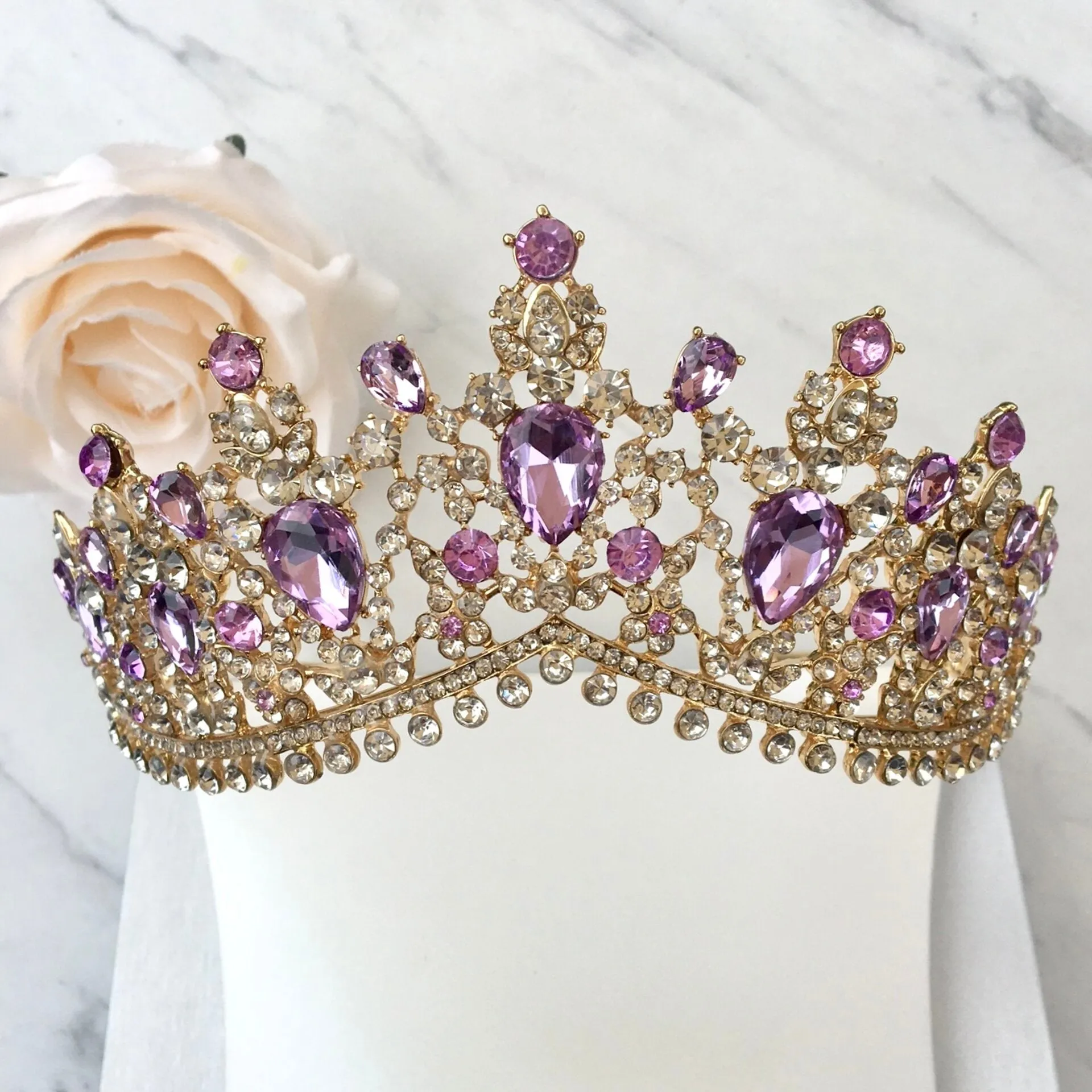 "Kori" - Purple Crystal 3-Piece Bridal Jewelry Set With Tiara - Available in Silver and Gold