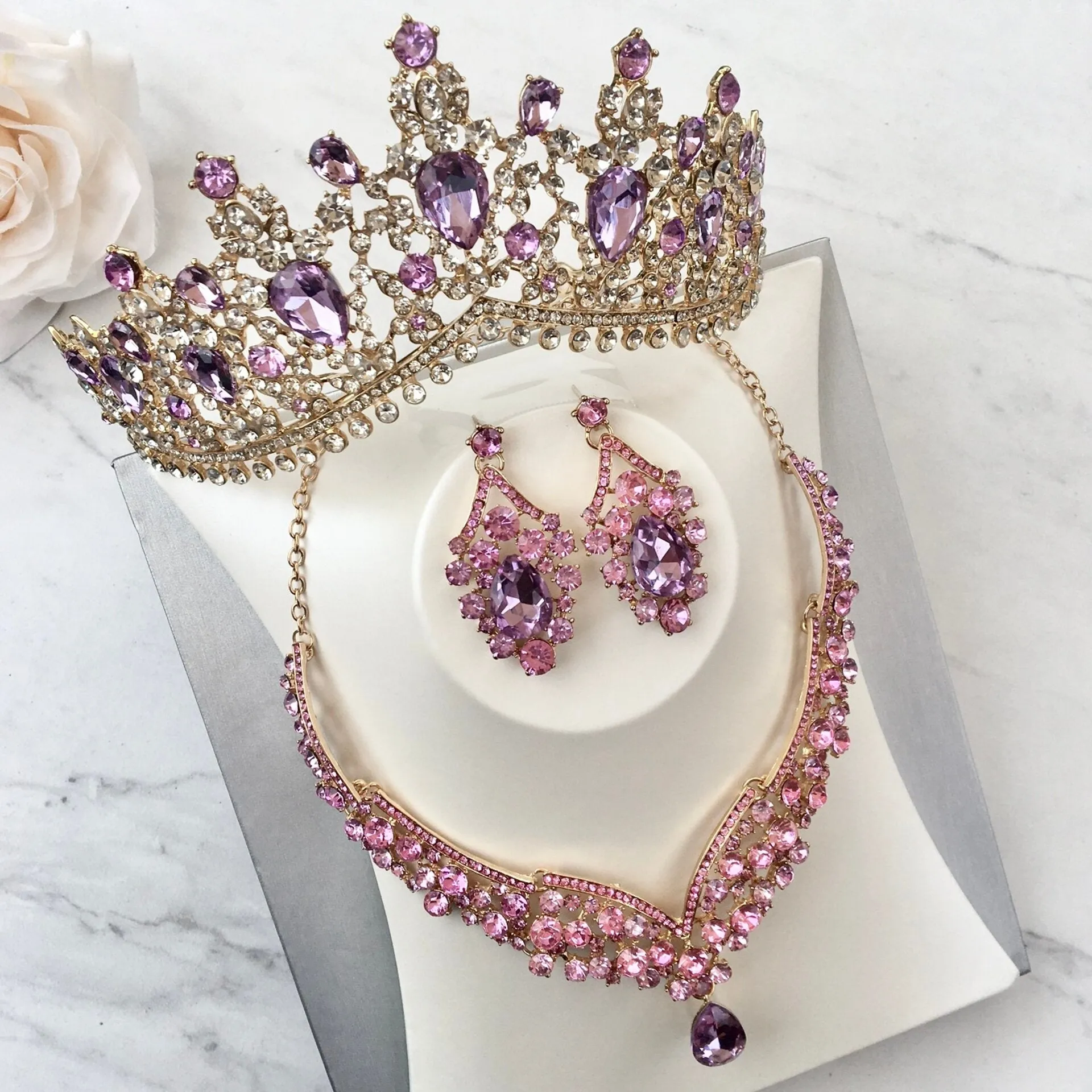 "Kori" - Purple Crystal 3-Piece Bridal Jewelry Set With Tiara - Available in Silver and Gold
