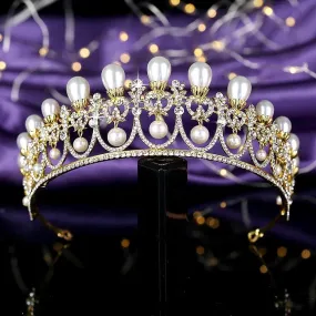 "Myla" - Pearl and Crystal Bridal Tiara - Available in Yellow Gold and Silver