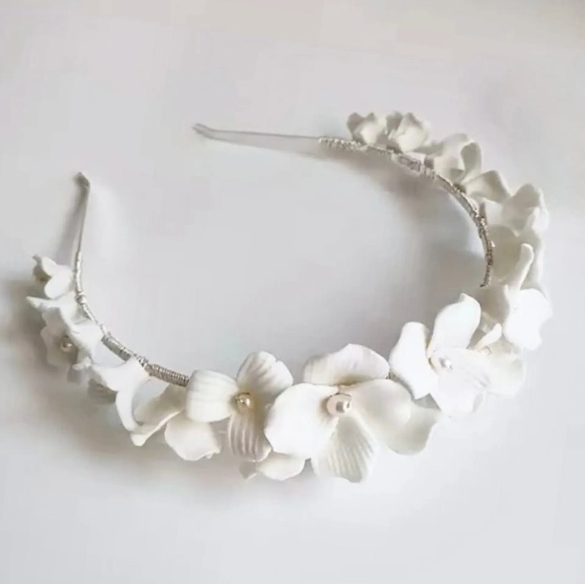 "Shiloh" - Ceramic Flowers and Pearls Bridal Headband - Available in Silver and Gold