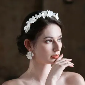 "Shiloh" - Ceramic Flowers and Pearls Bridal Headband - Available in Silver and Gold