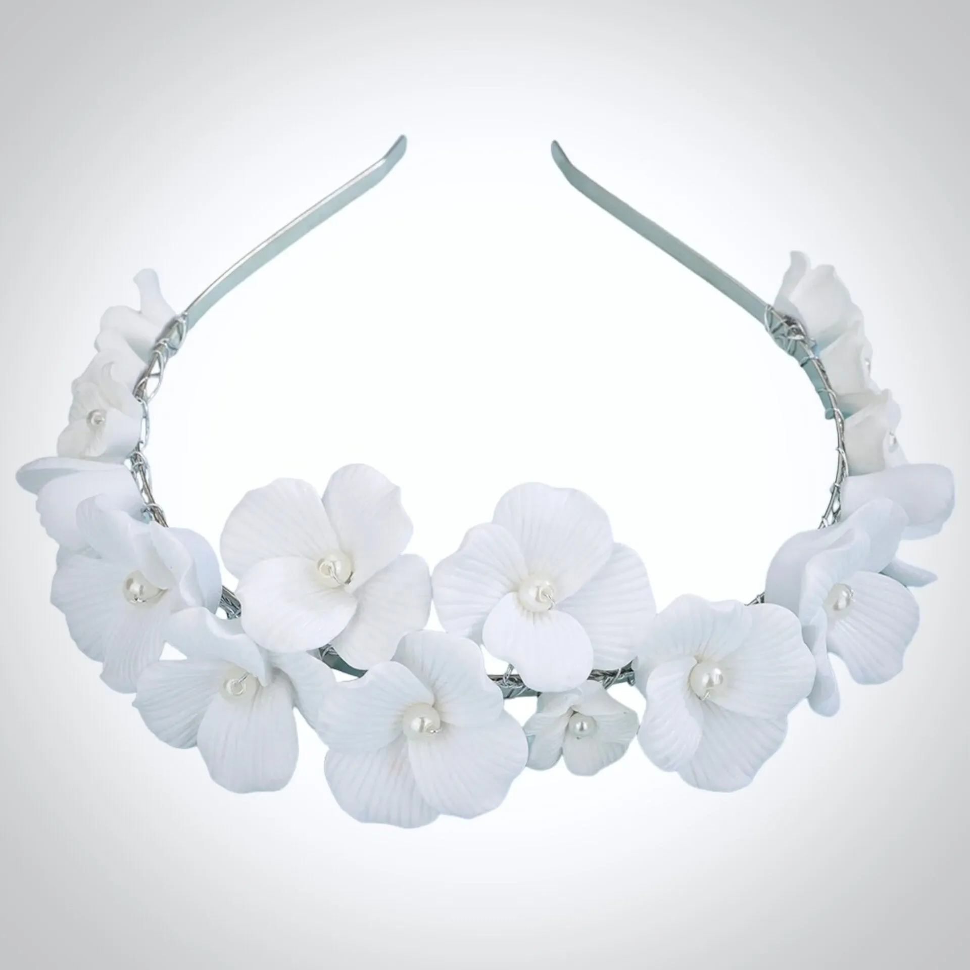 "Shiloh" - Ceramic Flowers and Pearls Bridal Headband - Available in Silver and Gold