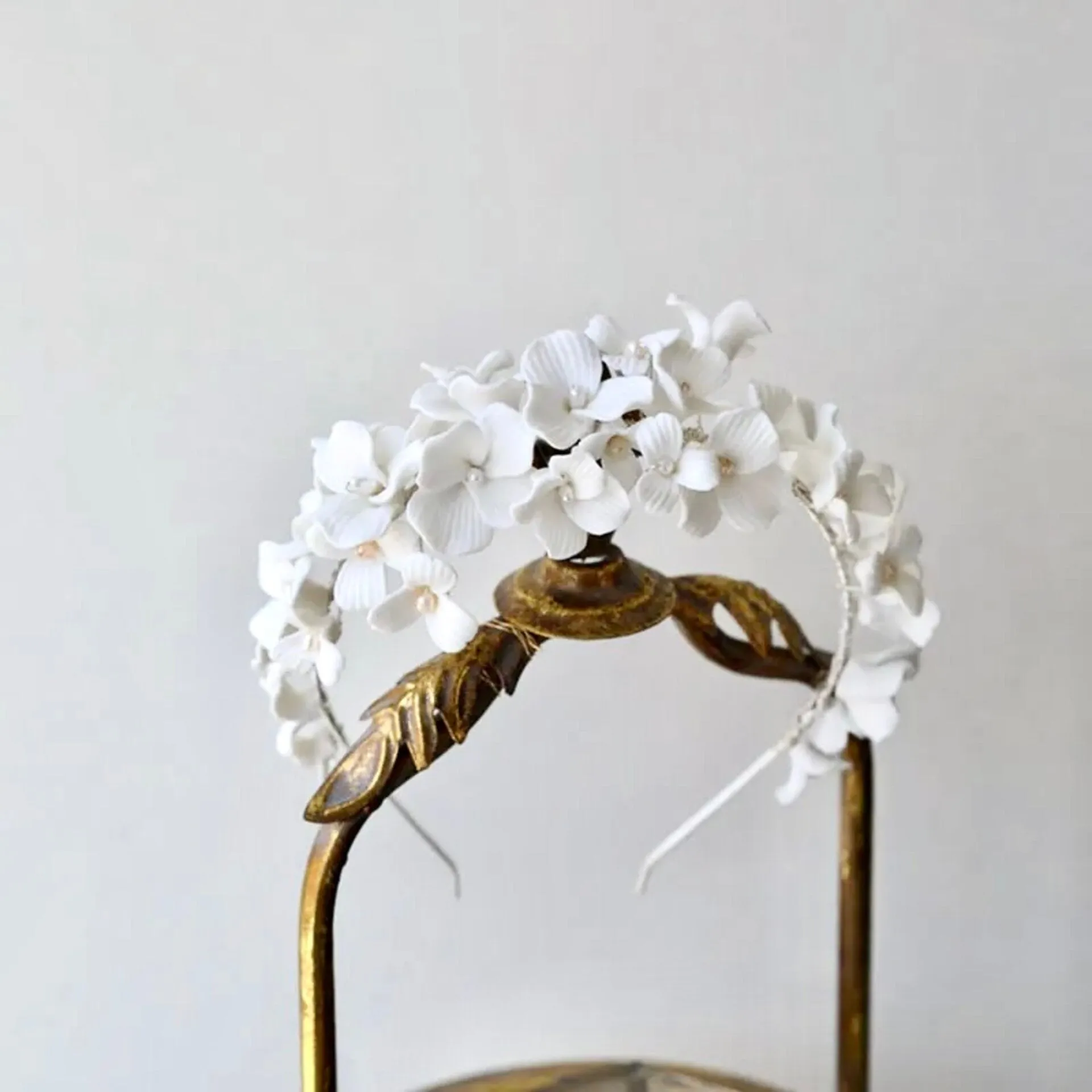 "Shiloh" - Ceramic Flowers and Pearls Bridal Headband - Available in Silver and Gold