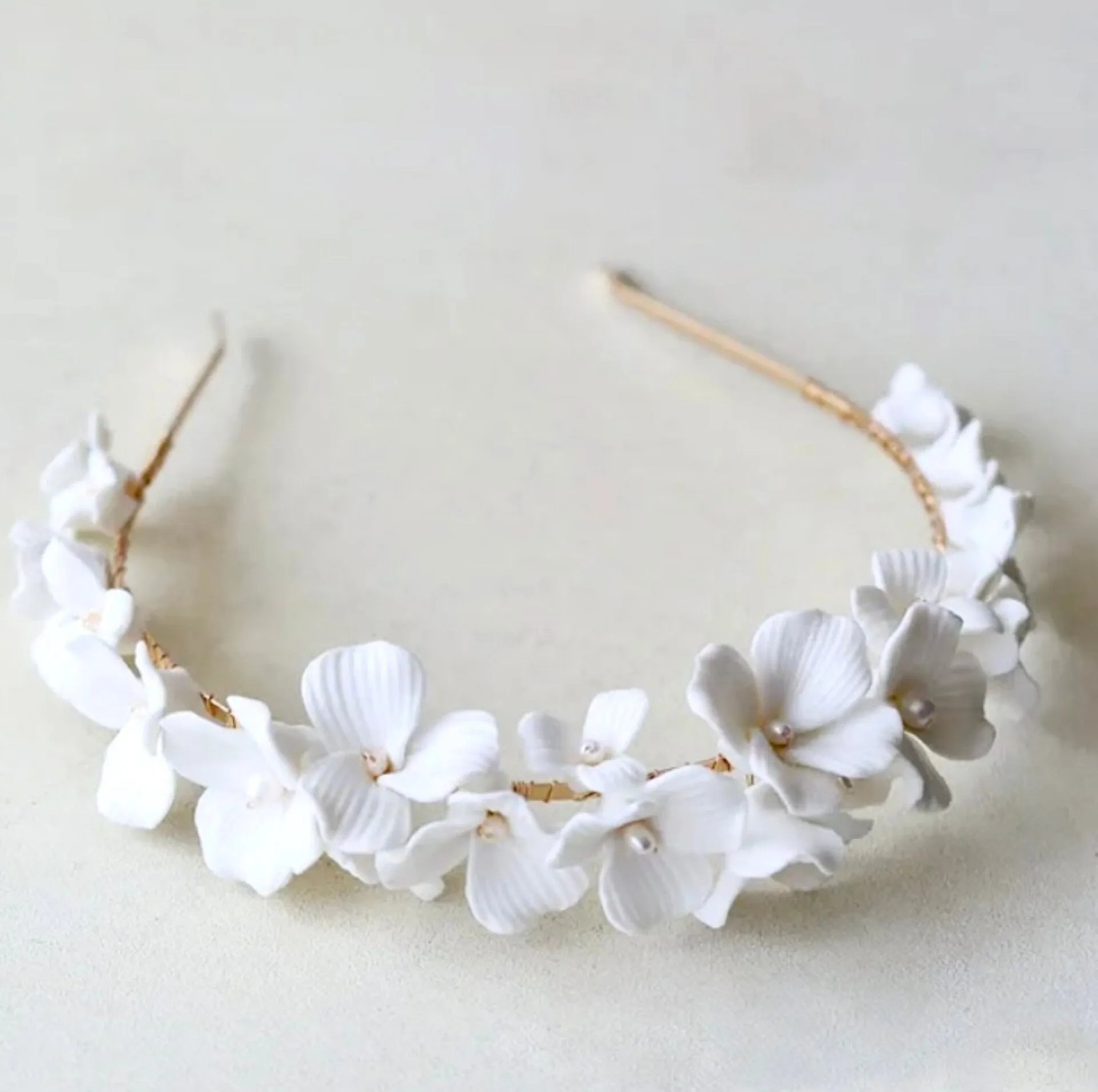 "Shiloh" - Ceramic Flowers and Pearls Bridal Headband - Available in Silver and Gold