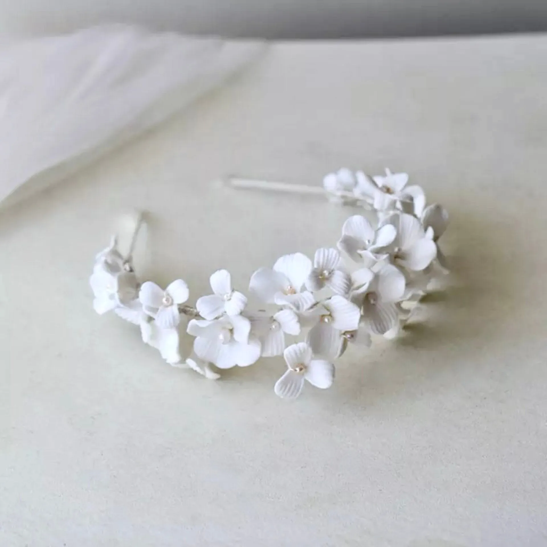 "Shiloh" - Ceramic Flowers and Pearls Bridal Headband - Available in Silver and Gold