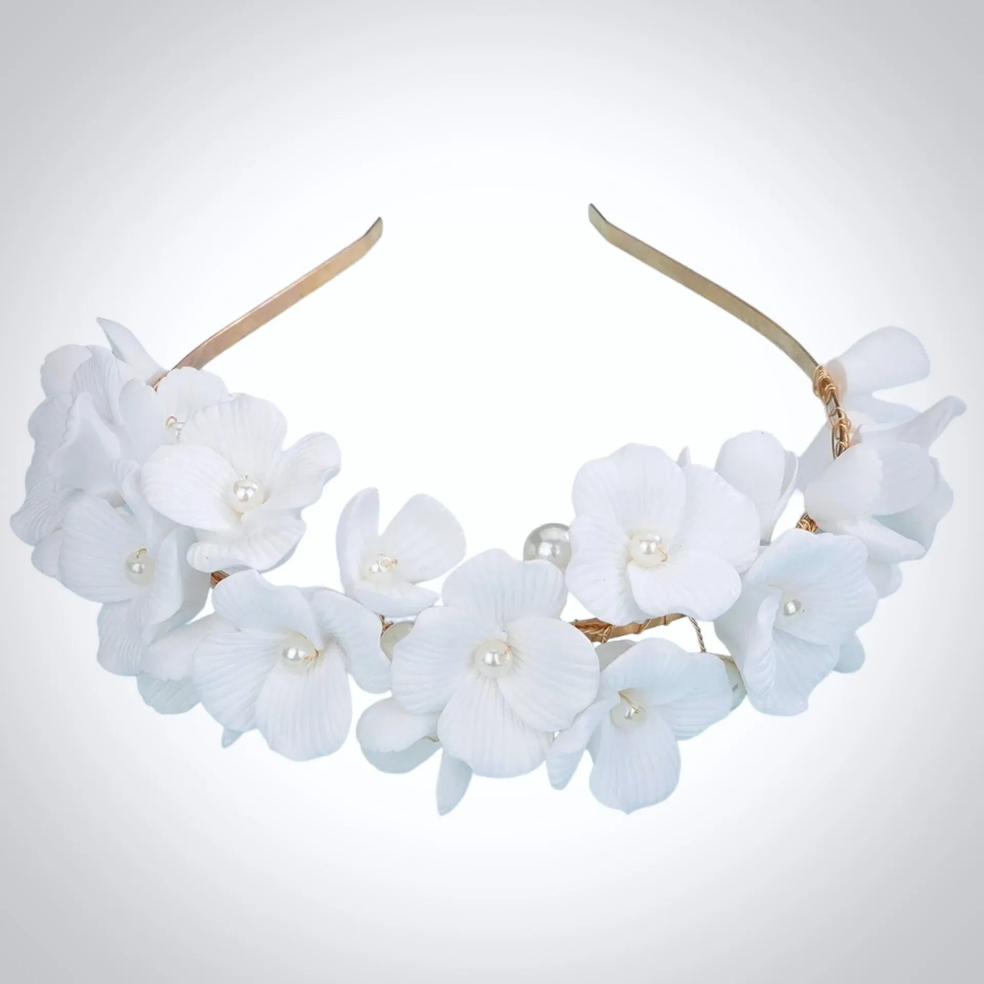 "Shiloh" - Ceramic Flowers and Pearls Bridal Headband - Available in Silver and Gold