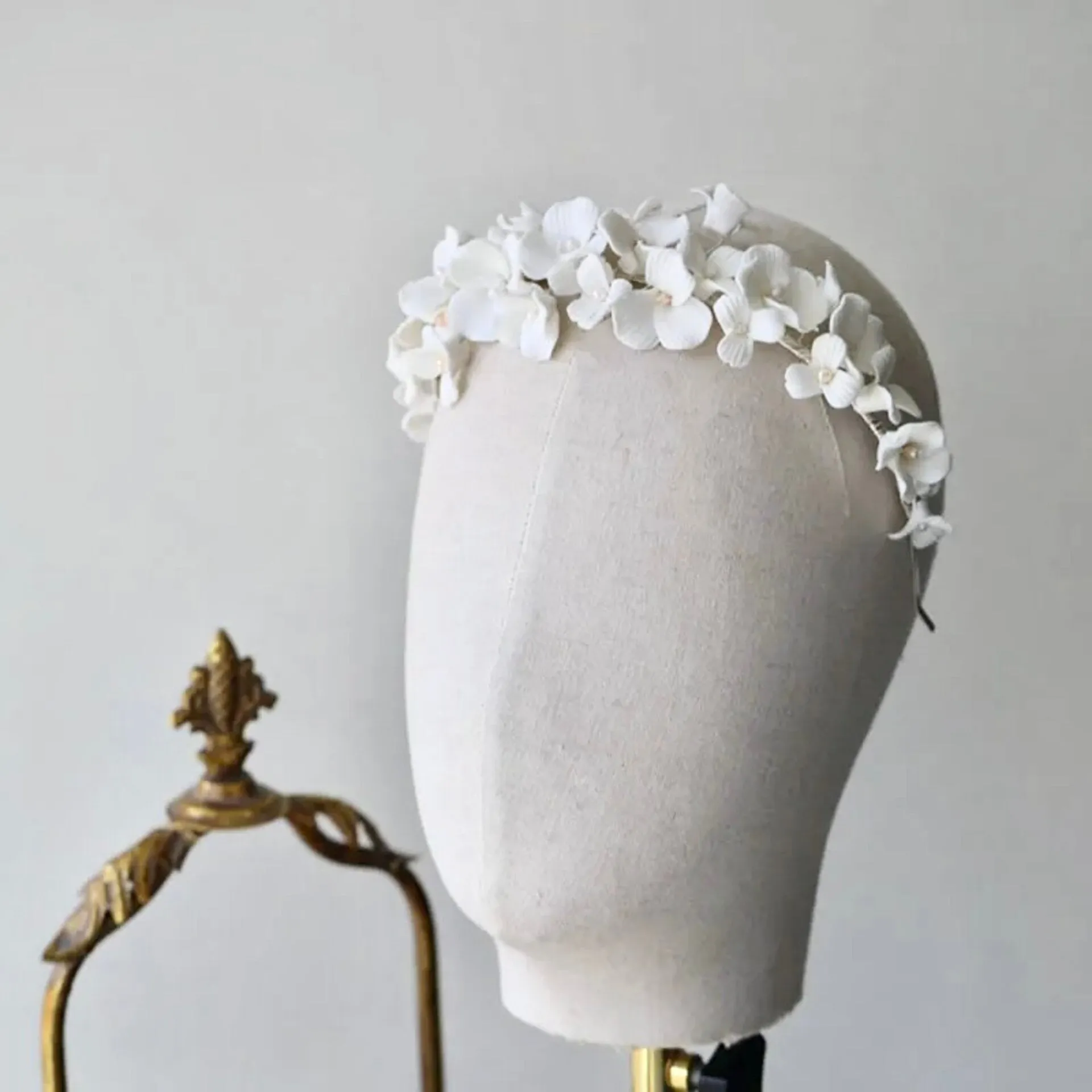 "Shiloh" - Ceramic Flowers and Pearls Bridal Headband - Available in Silver and Gold