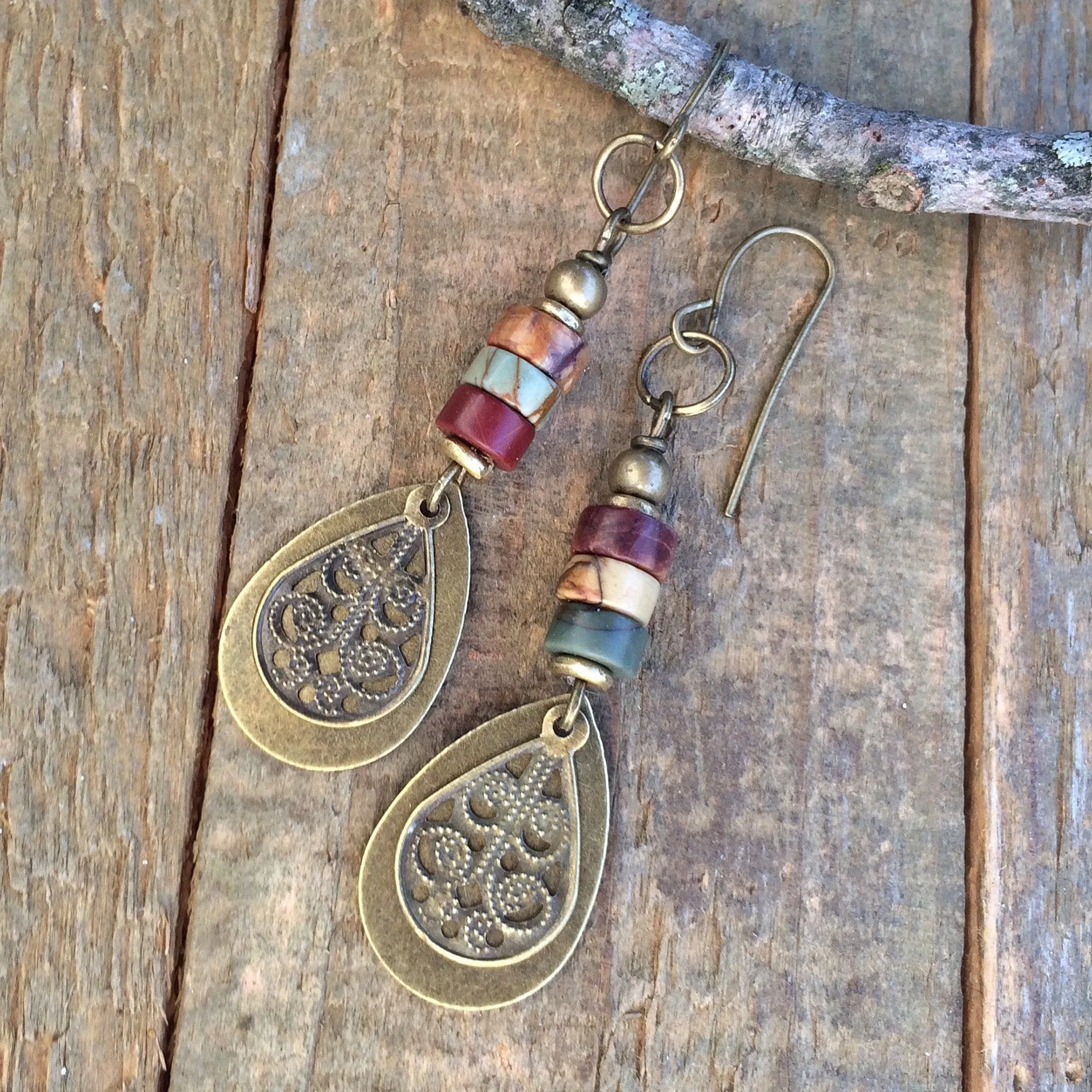 Red Creek Jasper Earrings, Boho Dangle Teardrop Earrings, Earthy Stone Earrings, Brass Drop Earrings, Bohemian Jewelry, Jasper Jewelry