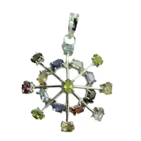 Riyo Beaut Gems Oval Faceted Multi Color Multi Stone Silver Pendant Gift For Boxing Day