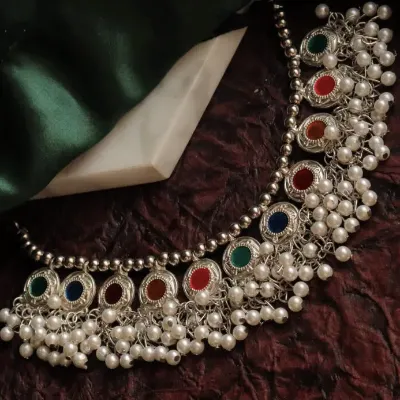 Silver Designer Pearl Ghungaroo Choker Necklace