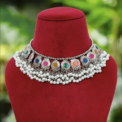 Silver Designer Pearl Ghungaroo Choker Necklace