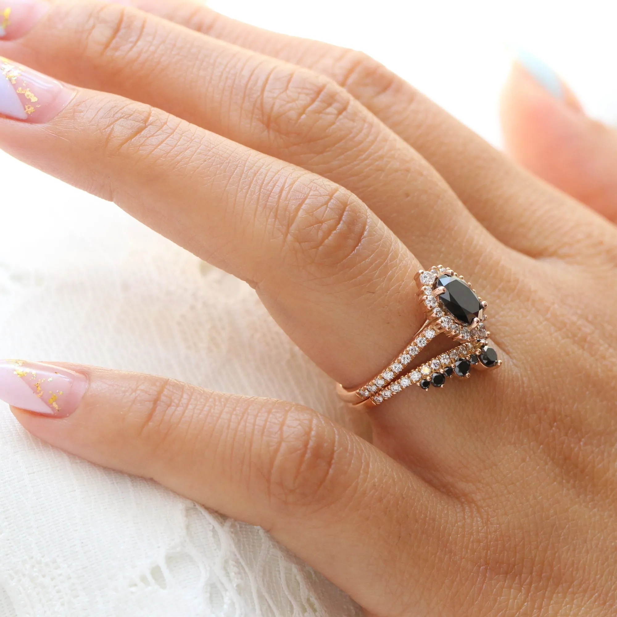 Tiara Halo Oval Black Diamond Pave Ring w/ Large Tiara Diamond Wedding Band